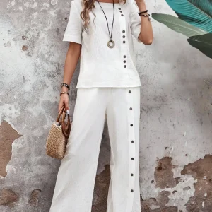 Solid color cotton and linen round neck short-sleeved top loose wide-leg pants suit