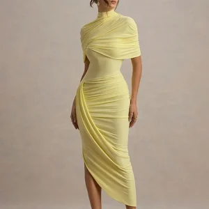 Irregular Pleated Ruched Maxi Dress Women's Backless Turtleneck Slim High Waist Robes Summer Lady Chic Street Vestidos 2025 New