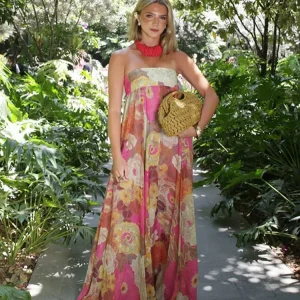 Chic Floral Print Pleated Long Dress Women's Sexy Strapless Backless Loose Party Vestidos 2025 Summer Lady High Street Robes New