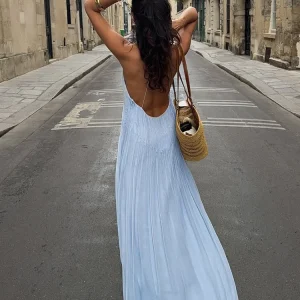 Sexy Backless Blue Pleated Long Dress Women's Elegant Spaghetti Strap Loose V-neck Robes New Lady Vacation Beach Vestidos 2025